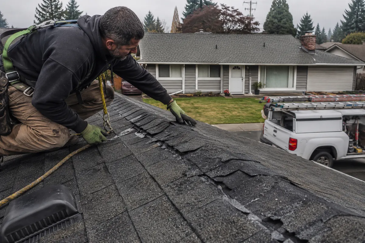 Roofing crew working on a property in Algona, WA