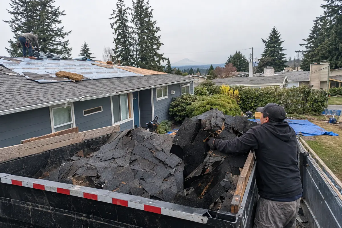 Roofing crew working on a property in Auburn, WA