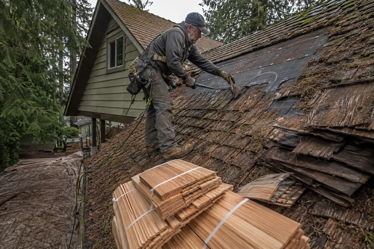 Cedar Shake Roofing underway on a property in Federal Way, WA