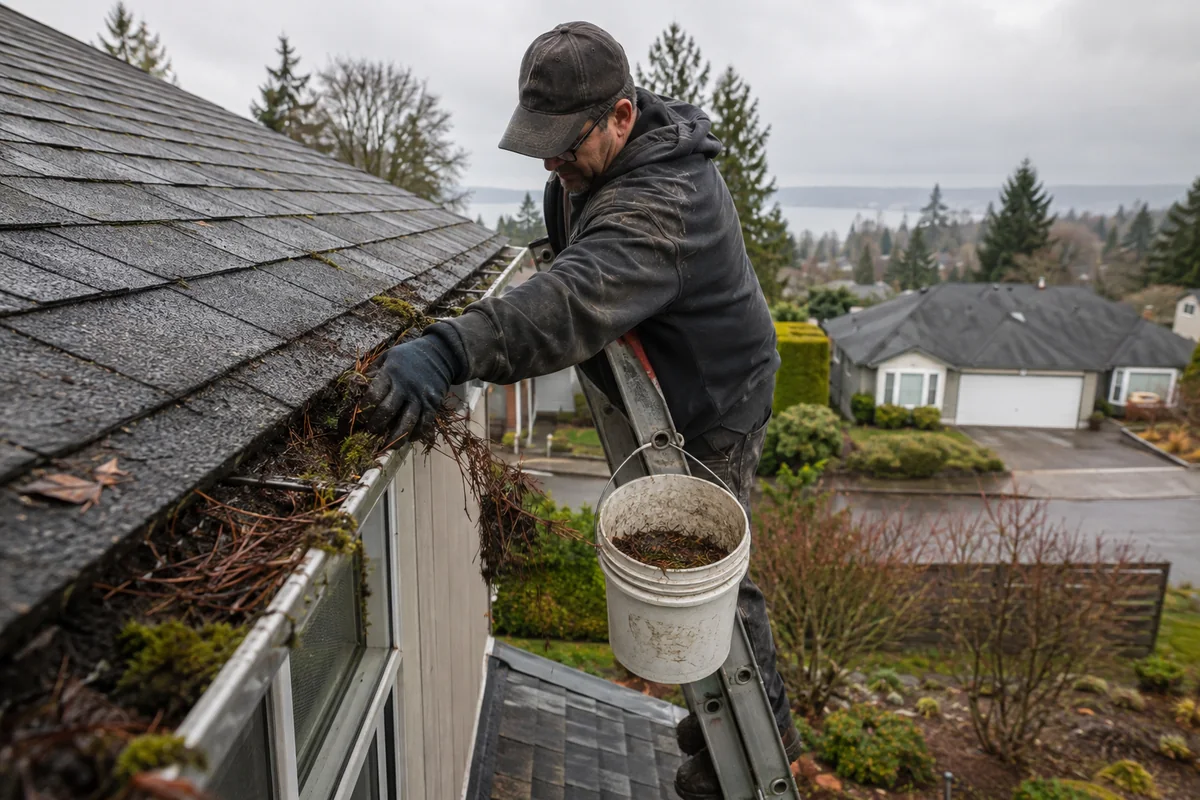 Roofing crew working on a property in Des Moines, WA