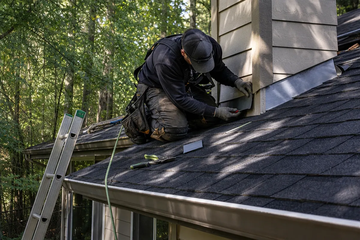 Roofing crew working on a property in Edgewood, WA