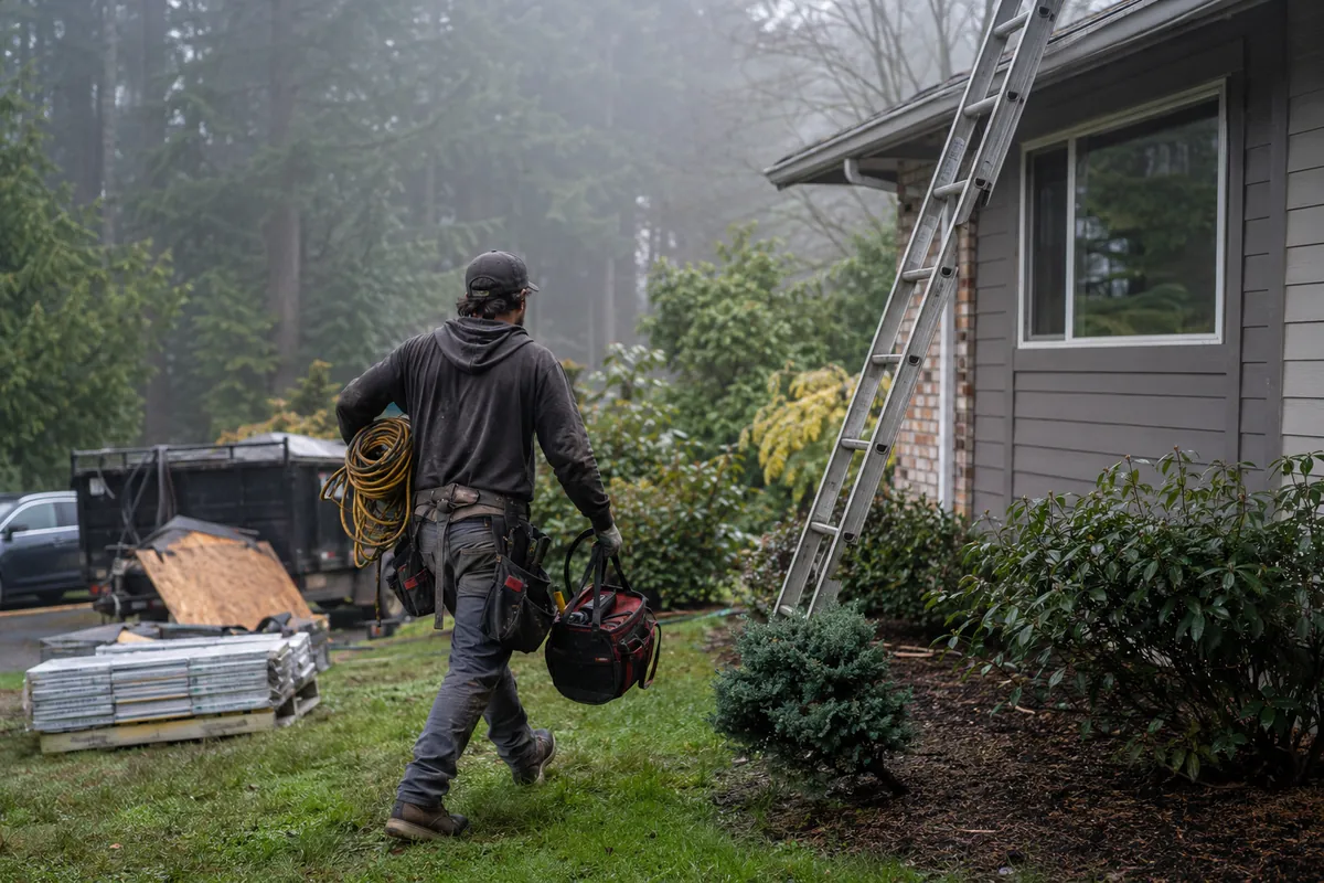 Roofing crew working on a property in Milton, WA