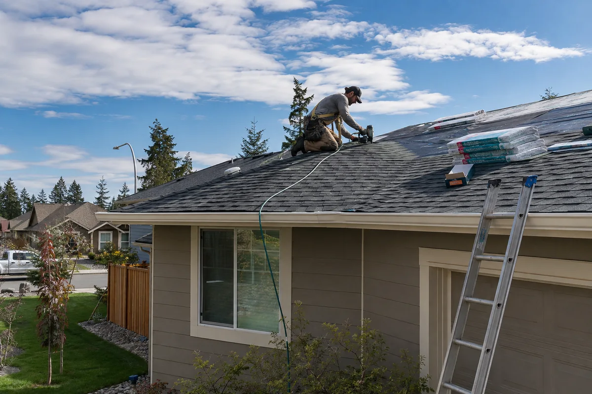 Roofing crew working on a property in Pacific, WA