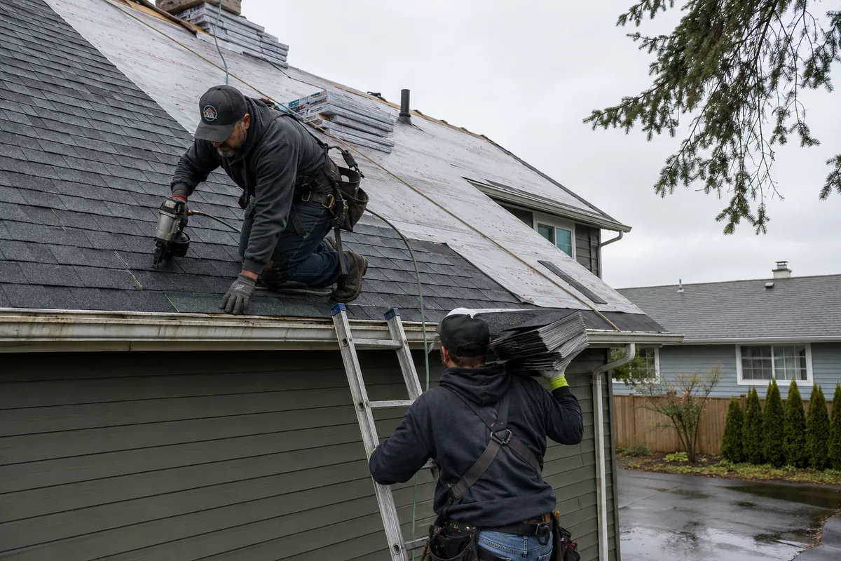 Roofing crew installing architectural asphalt shingles on a residential home in Federal Way, Washington