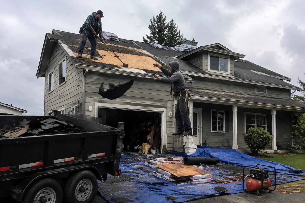 Roof Replacement underway on a property in Federal Way, WA