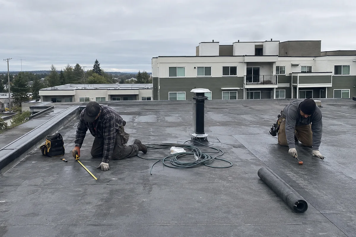 Roofing crew working on a property in SeaTac, WA